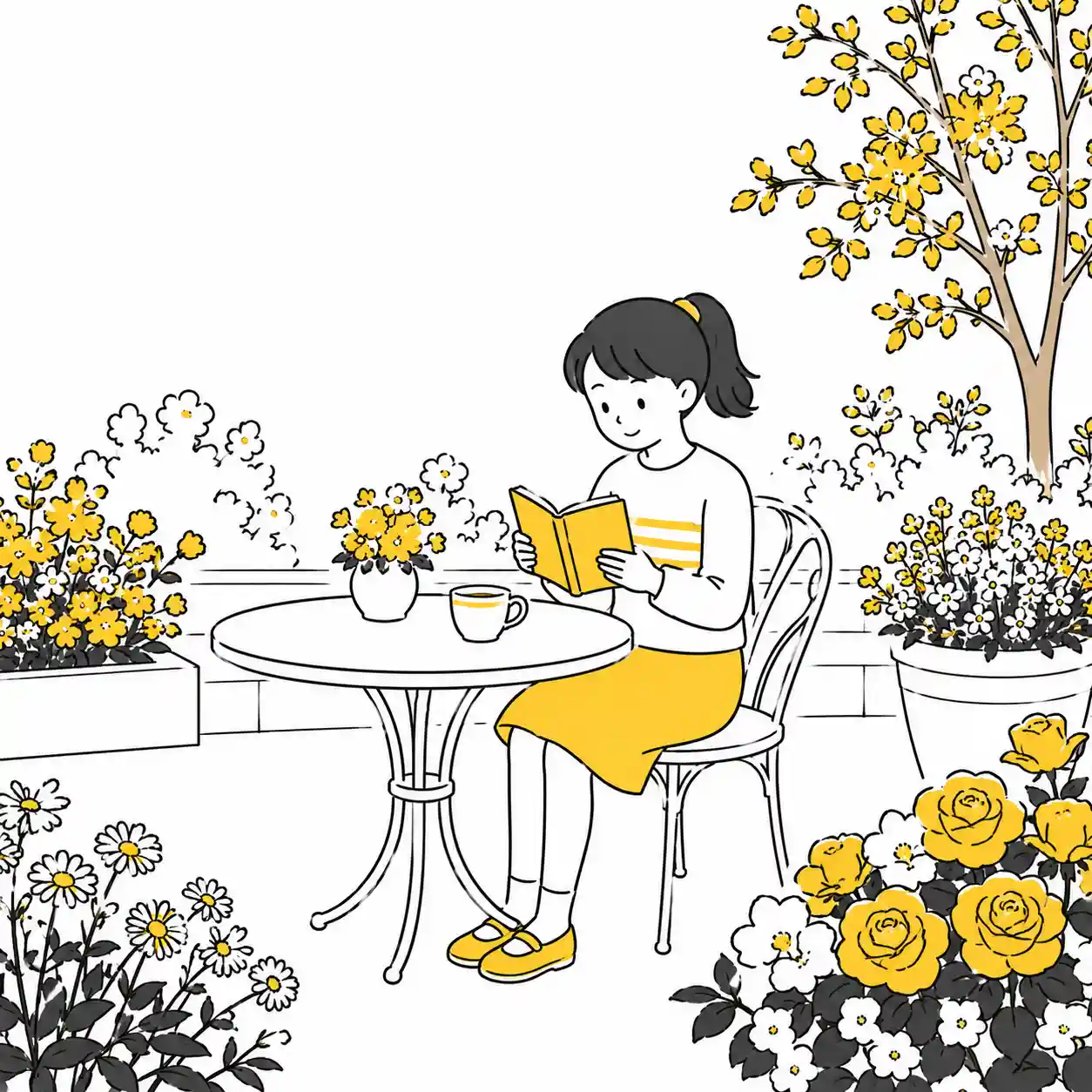 自宅の庭で読書する女子