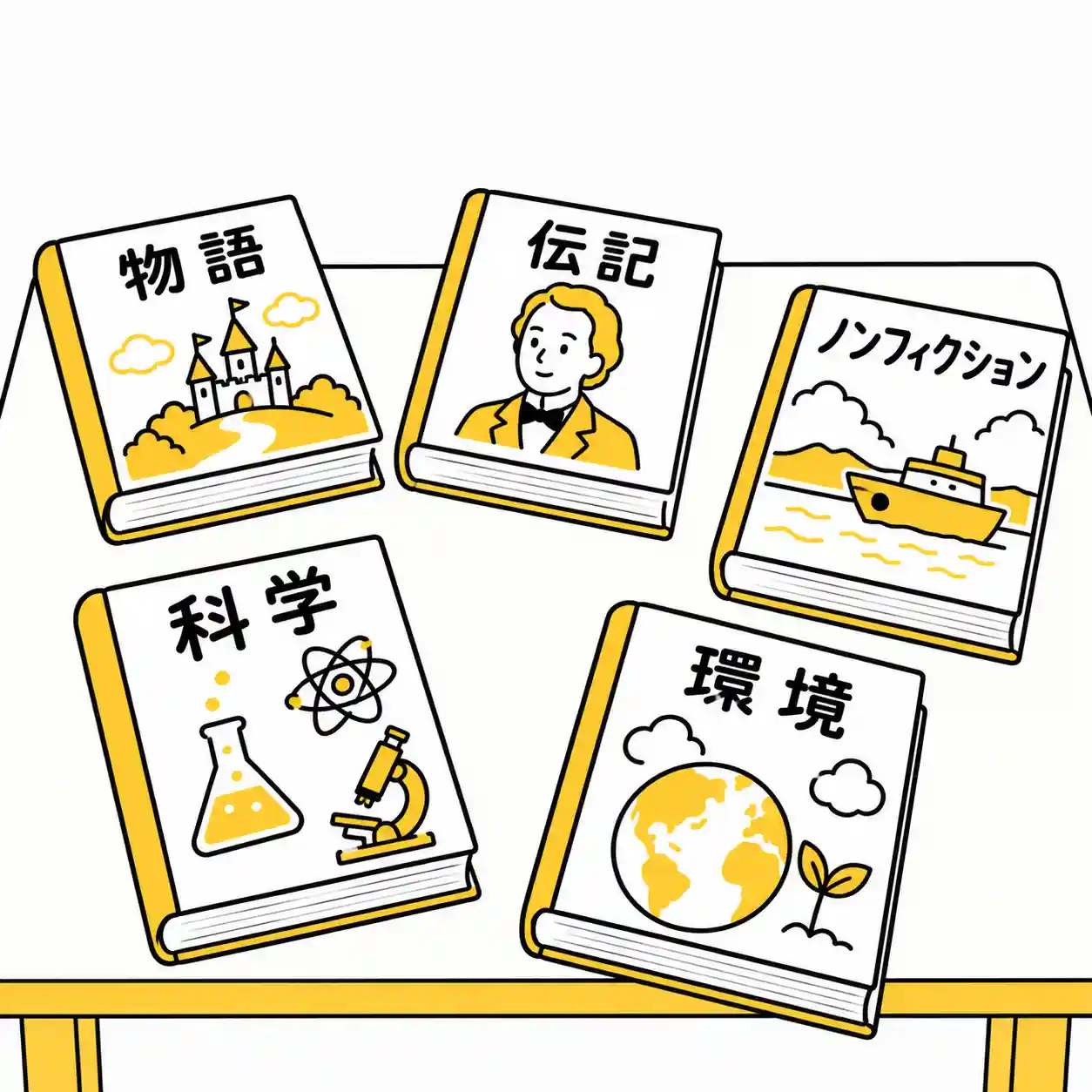 様々な本が机の上にある