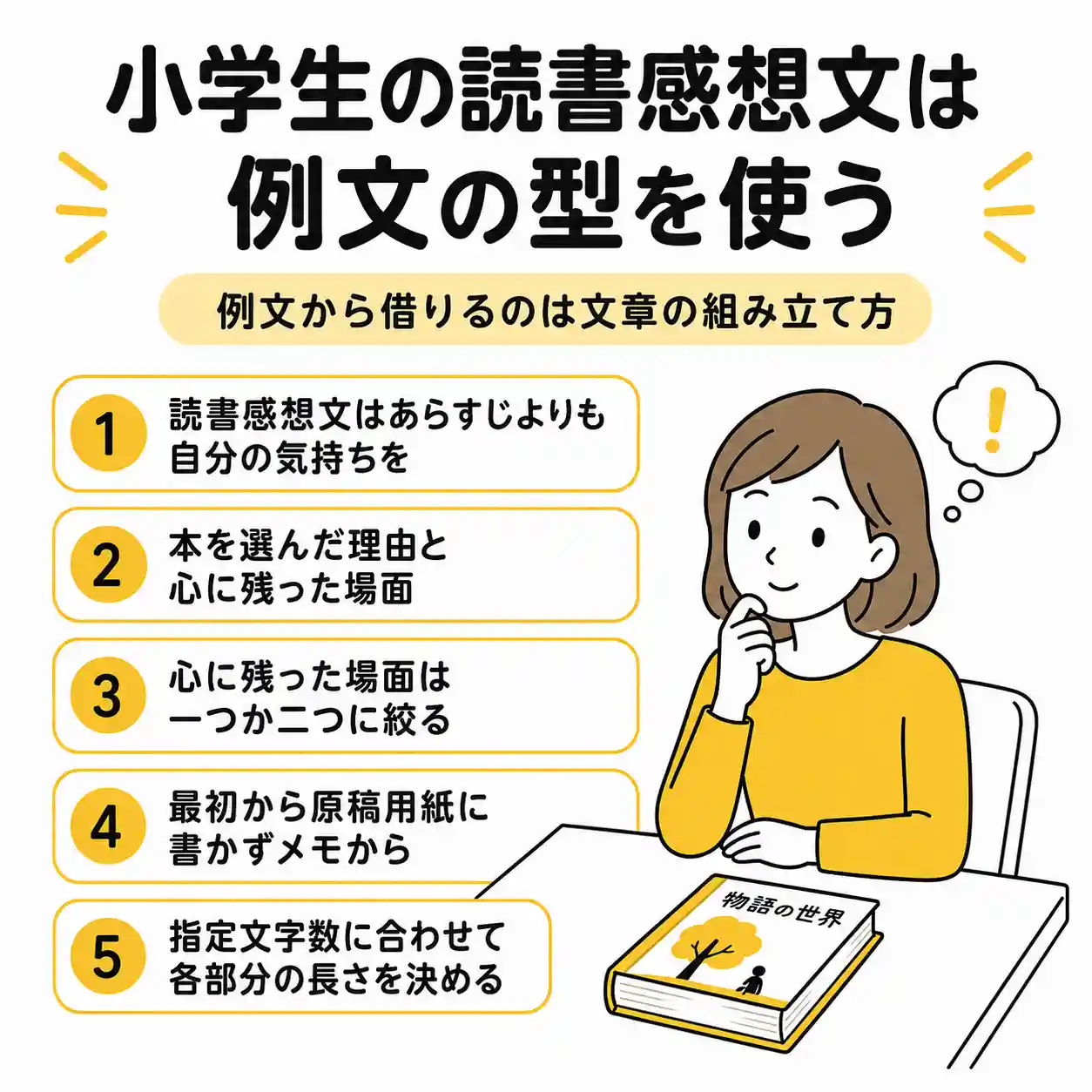 小学生の読書感想文の書き方をまとめたインフォグラフィック。例文は文章の型だけを参考にし、あらすじではなく自分の気持ちや心に残った場面を書き、メモから構成を考えるポイントを紹介。