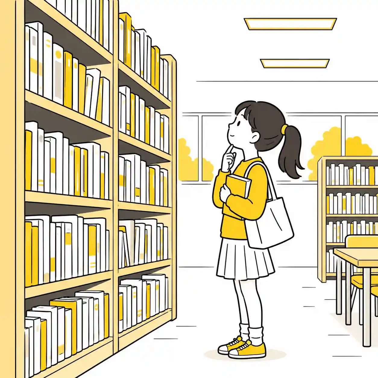 図書館で本を見繕う少女