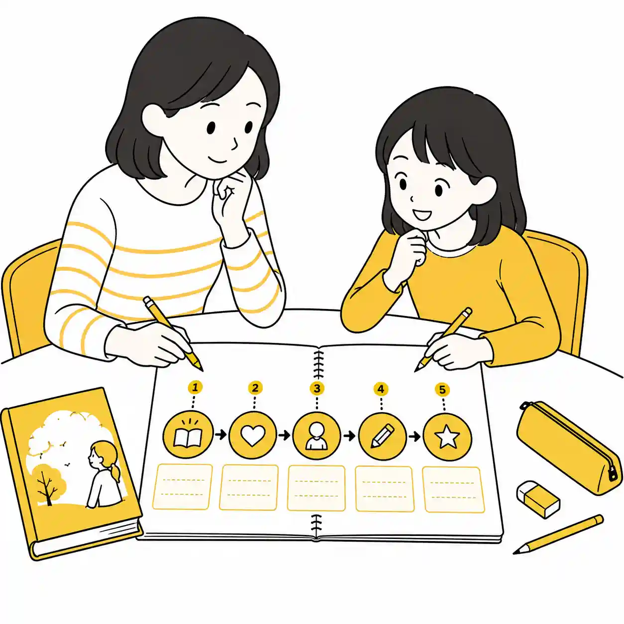 あらすじをどのくらいにするか考えている親子