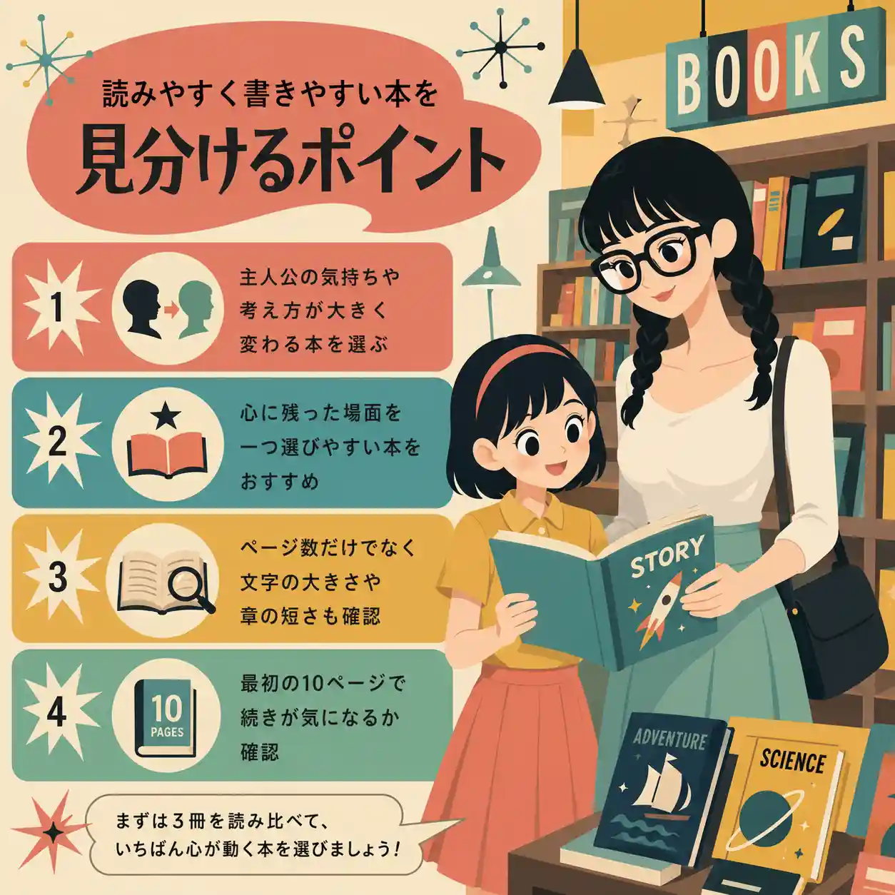 本屋で母親と本を選びながら、読書感想文に向く本の見分け方を確認する小学生のインフォグラフィック