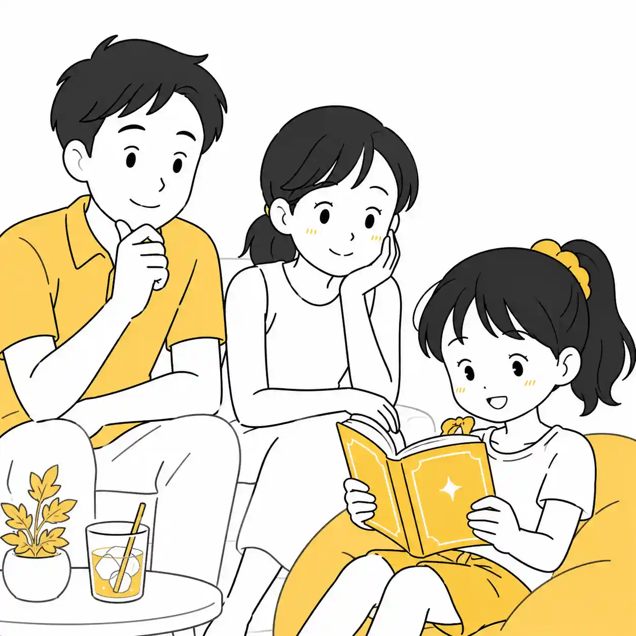 本を読めるようになった少女を両親が見守る