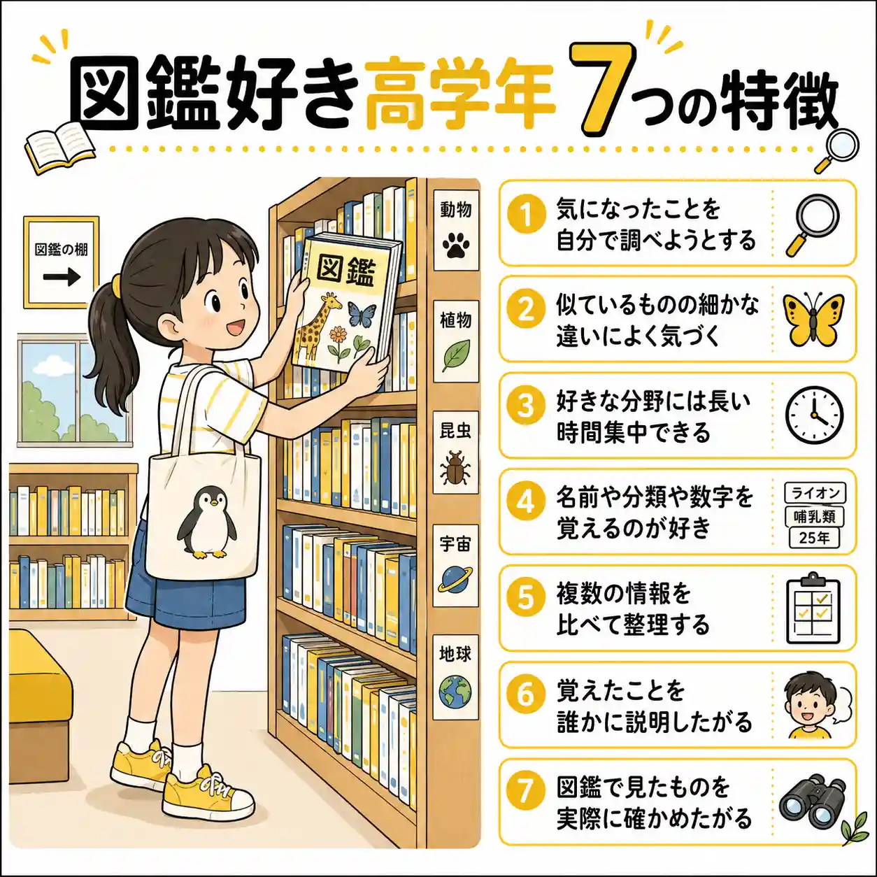 図書館で図鑑を探す小学生女子と、「図鑑好き高学年7つの特徴」をまとめたインフォグラフィック。気になったことを自分で調べる、細かな違いに気づく、長く集中できる、名前や数字を覚える、情報を比べて整理する、覚えたことを説明したがる、実際に確かめたがる。