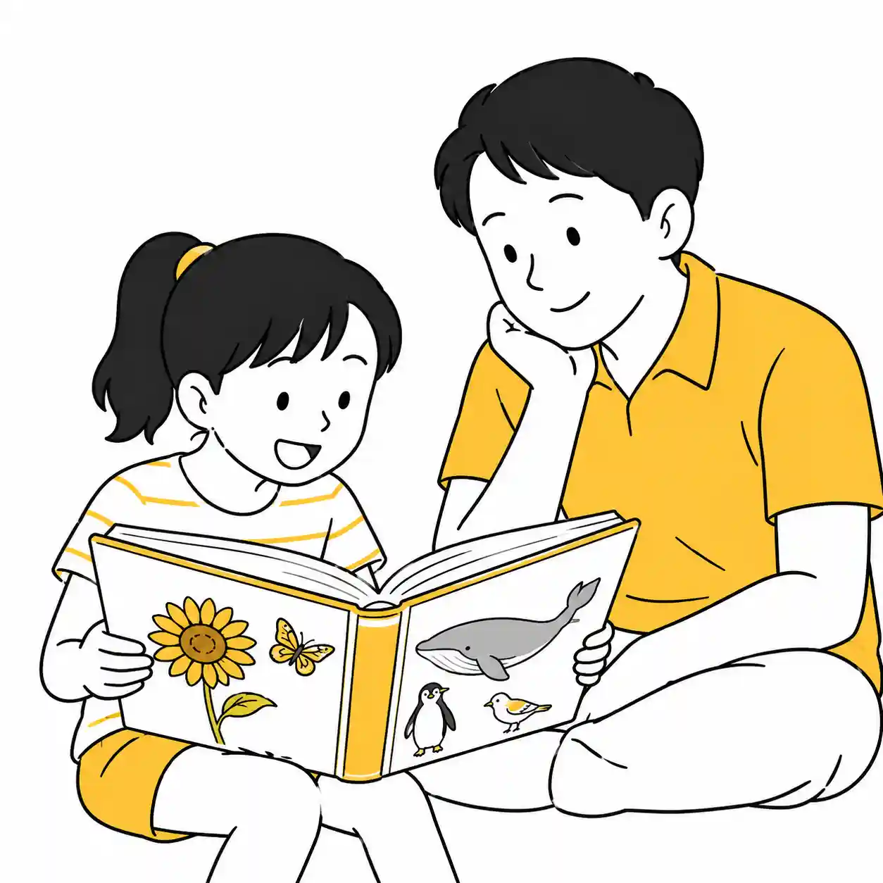 図鑑を読む女子　見守る父