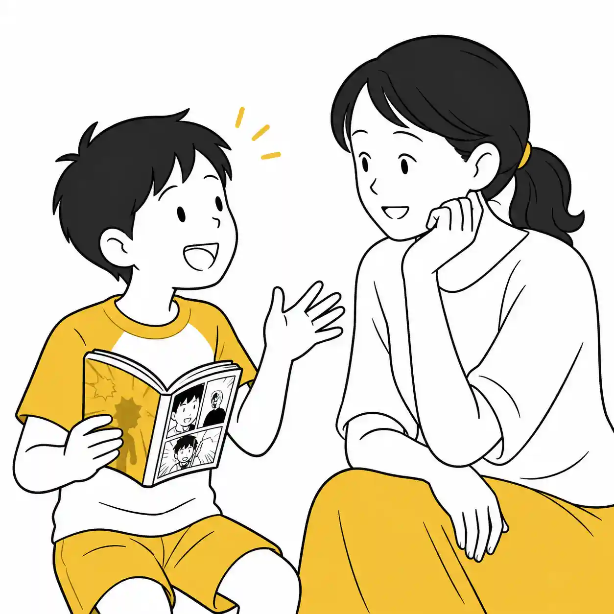 まんがについて家族と話す男子