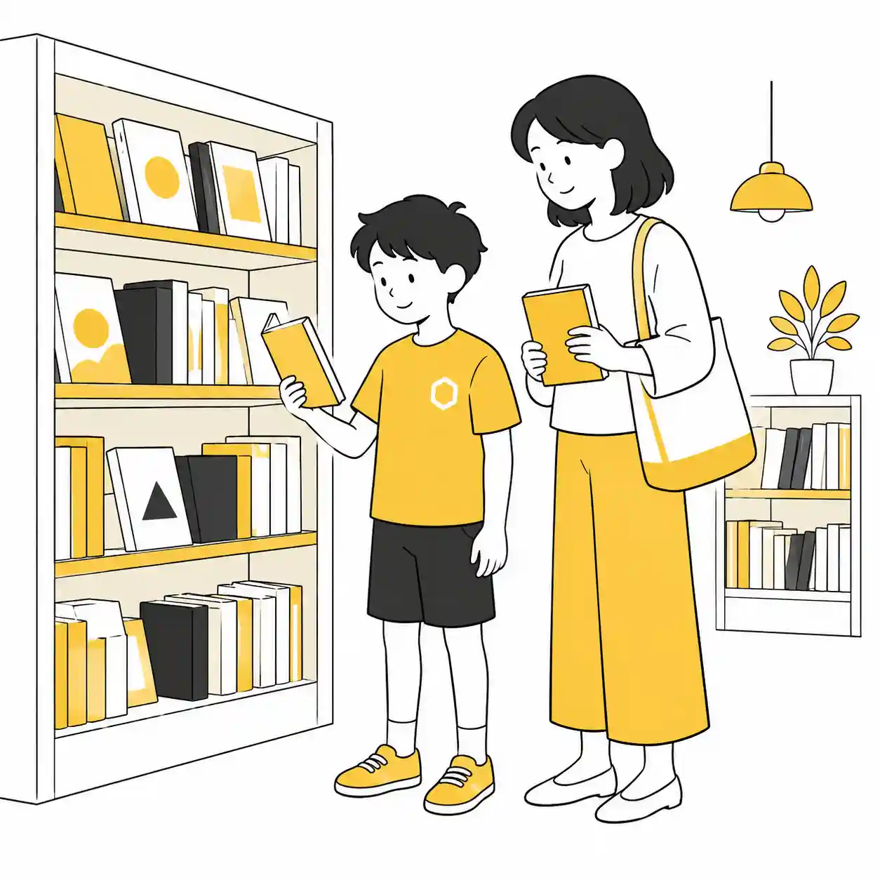 書店で母親と本選びの高学年男子