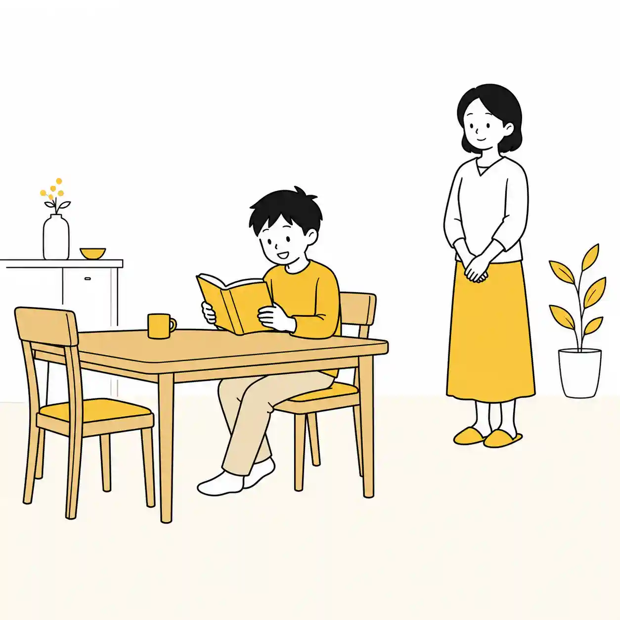 子供が本を読み始め　ほっと一息の母親