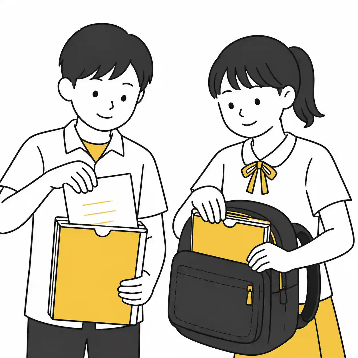 プリントを入れるフォルダを準備している男子女子