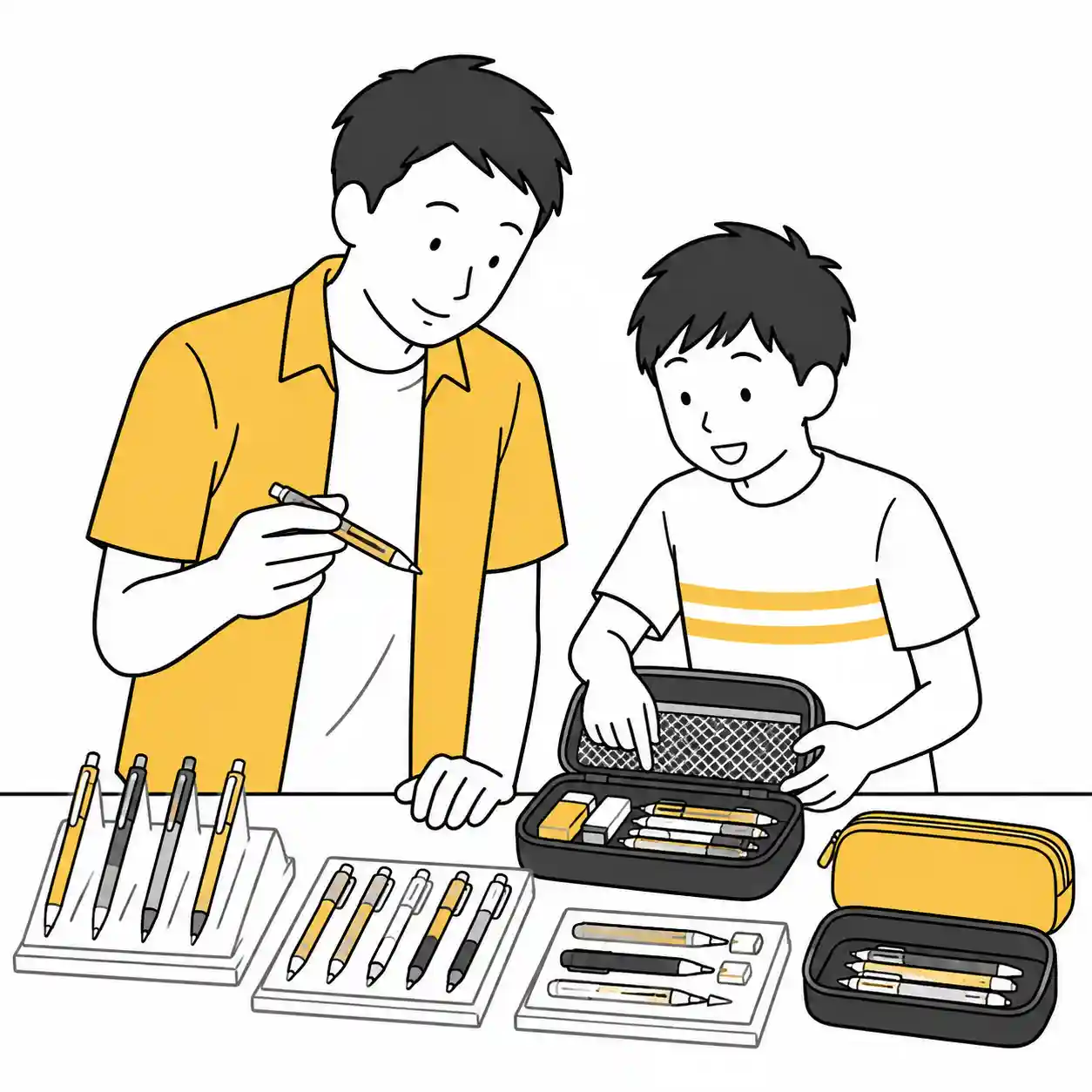 親子で文房具を選んでいる