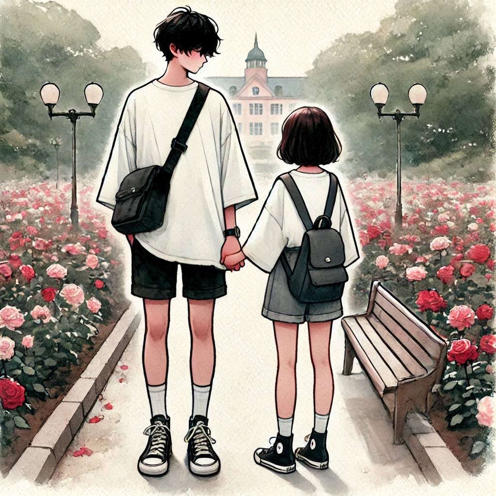 デートで手を繋ぐ中学生男子 