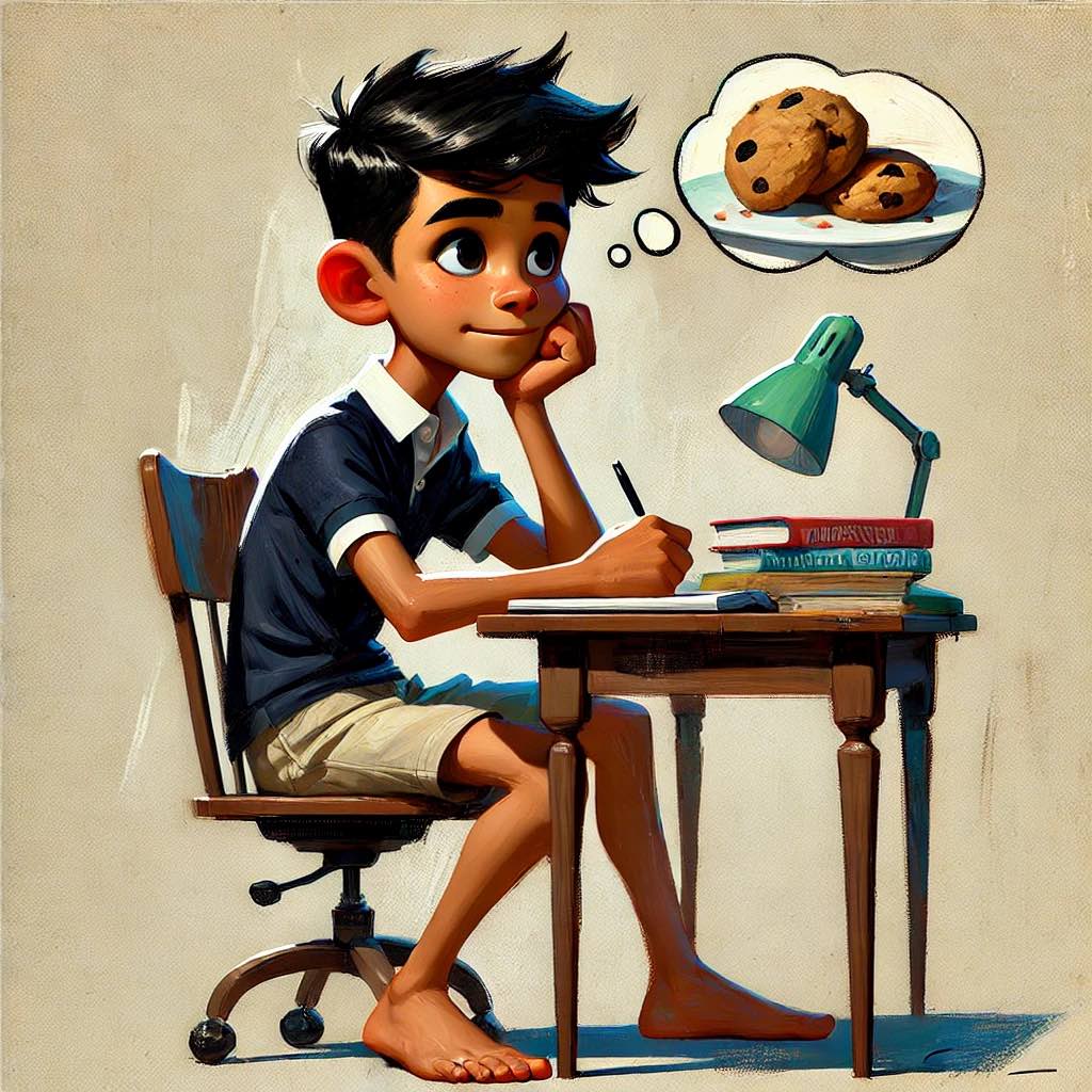 お菓子を餌に集中して勉強している中学生男子