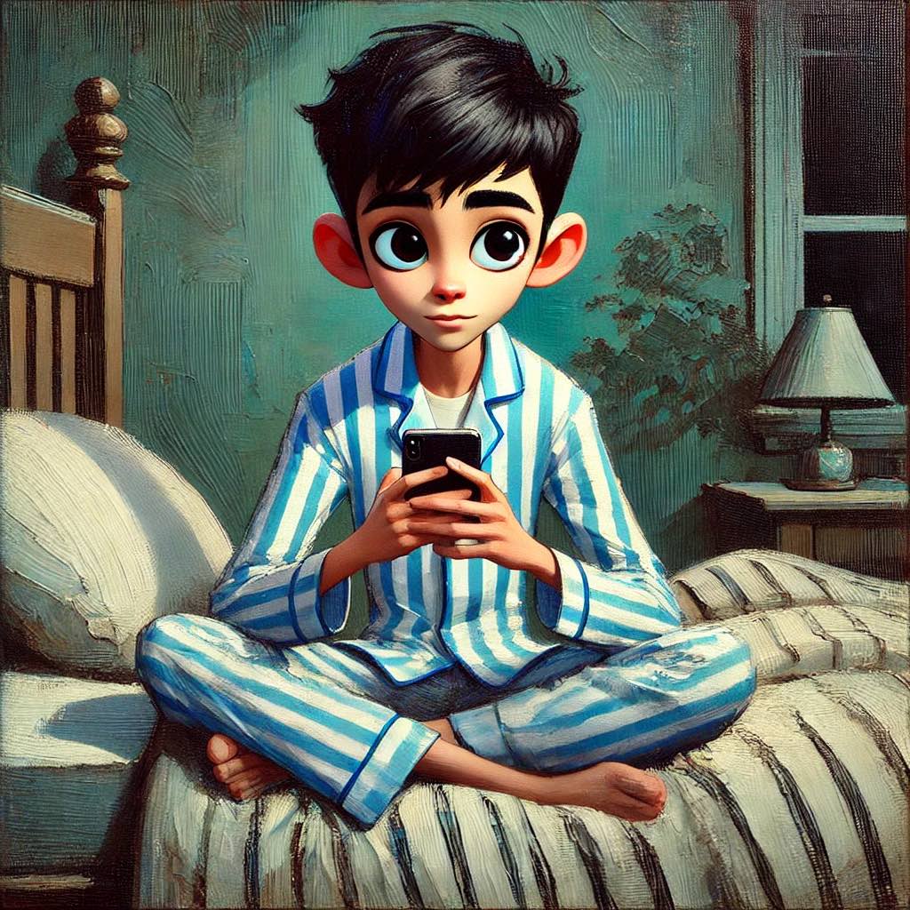 ベッドの上でスマホをいじっている中学生男子