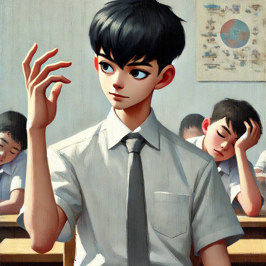 手のひらのツボを見ている中学生男子
