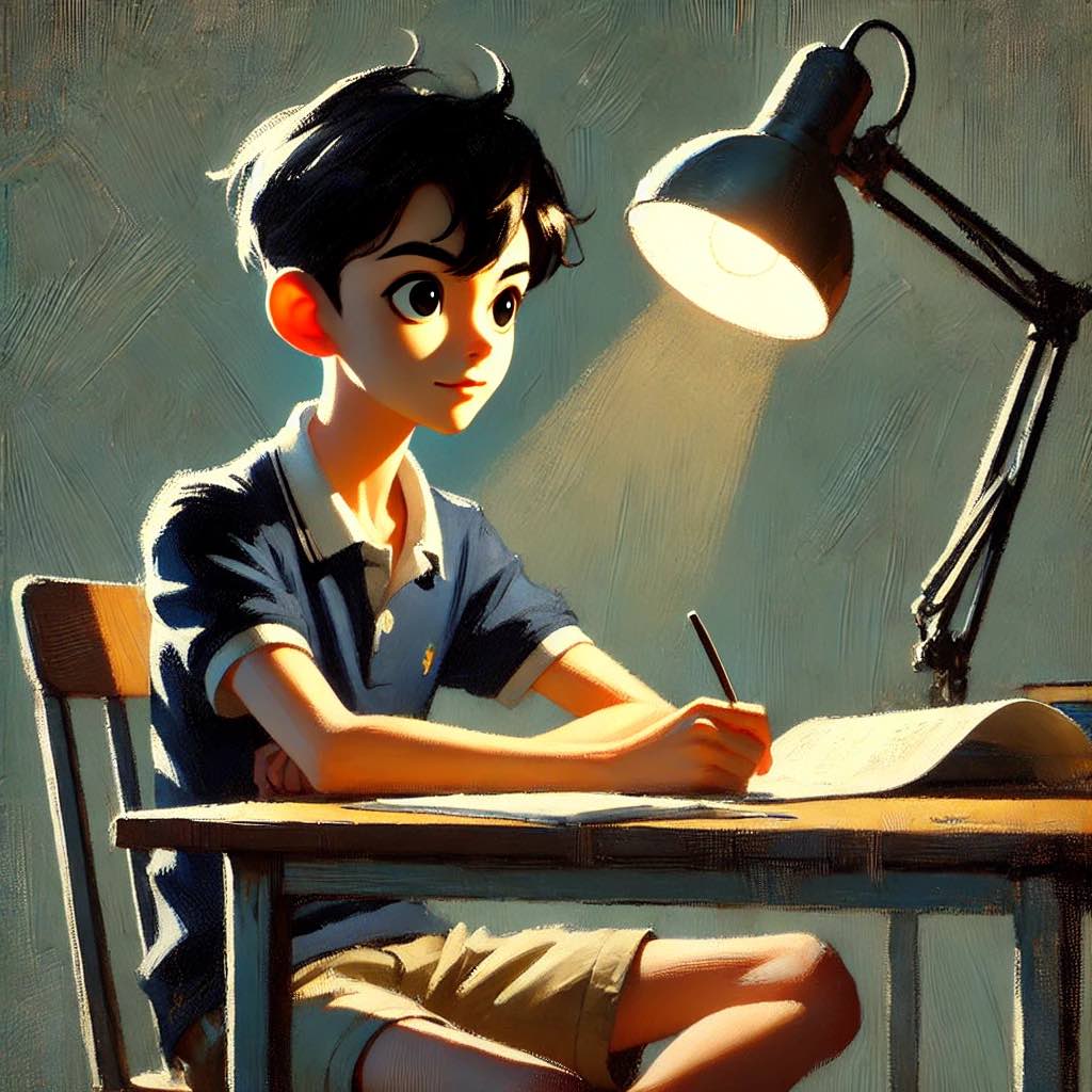 電気スタンドで明るくしている中学生男子