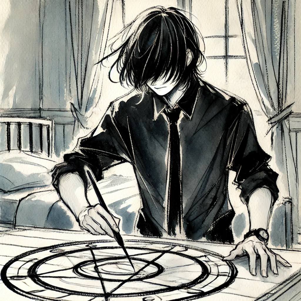 魔法陣を描く男性