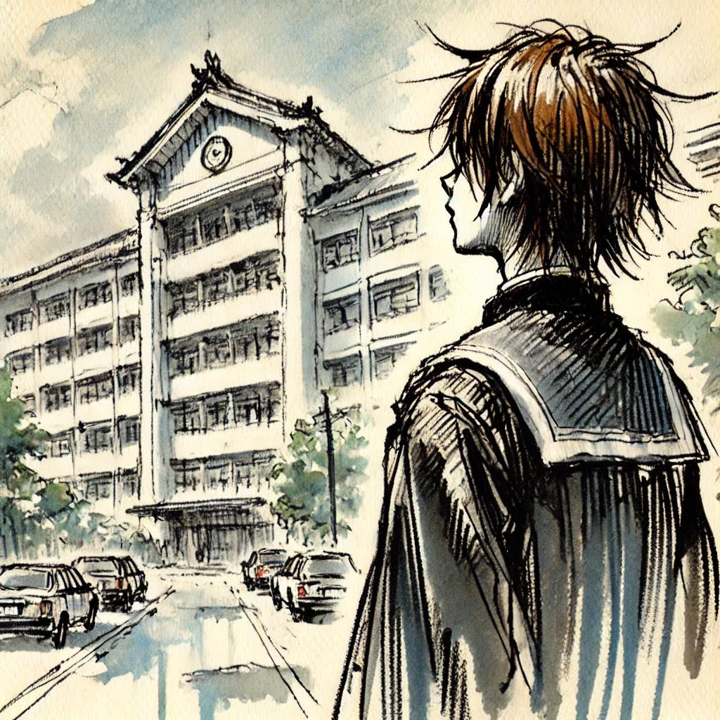 学校の校舎を眺めている中学生男子