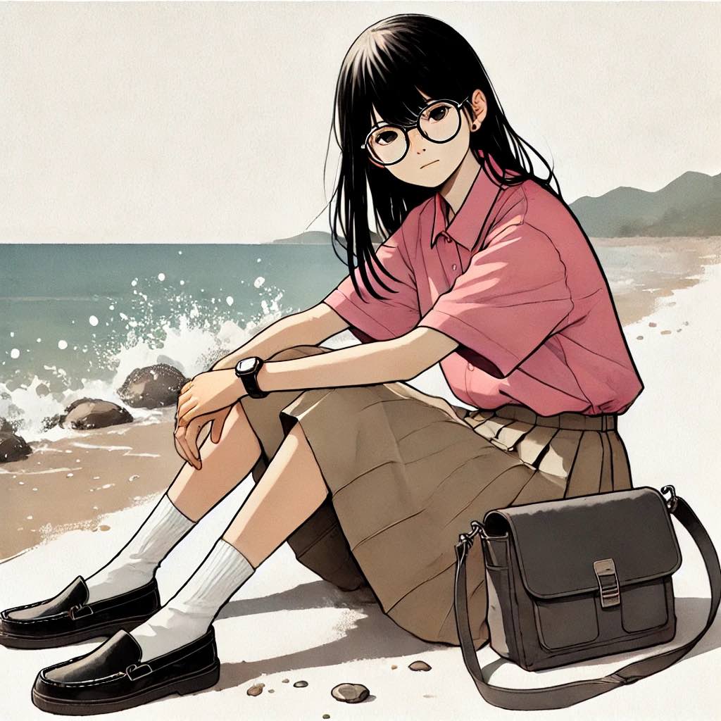 浜辺で悩む女子