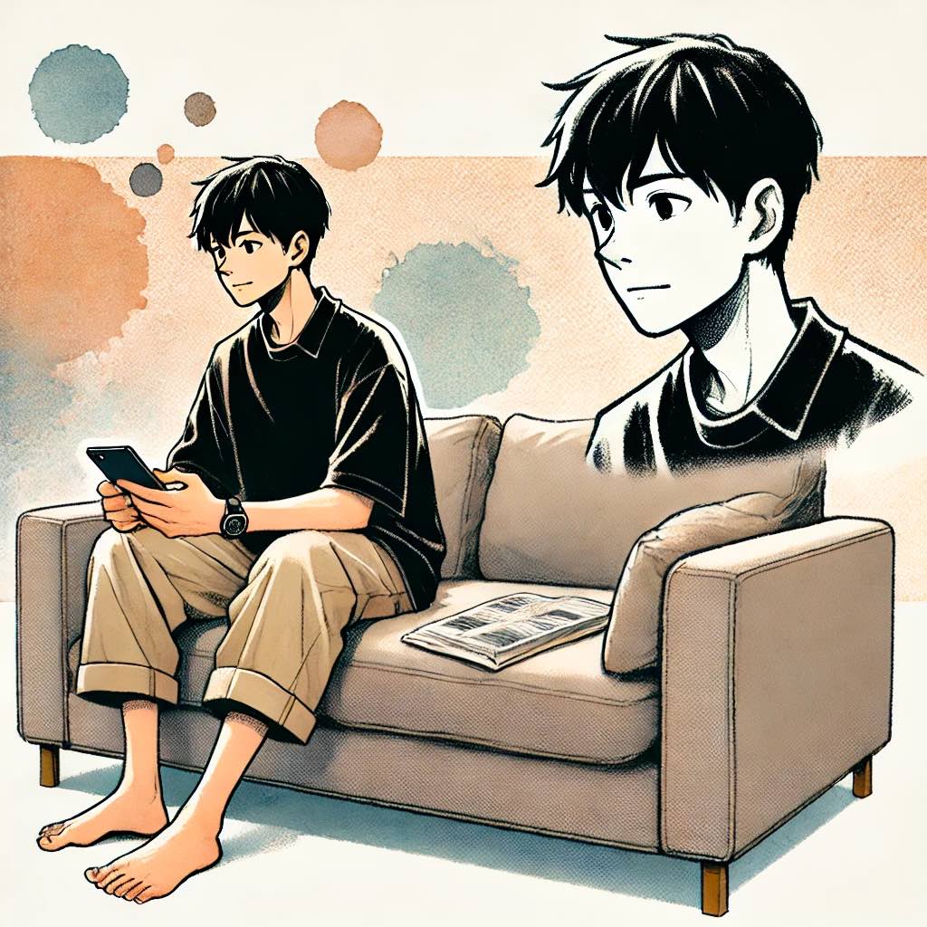 ソファでメールを打っている中学生男子