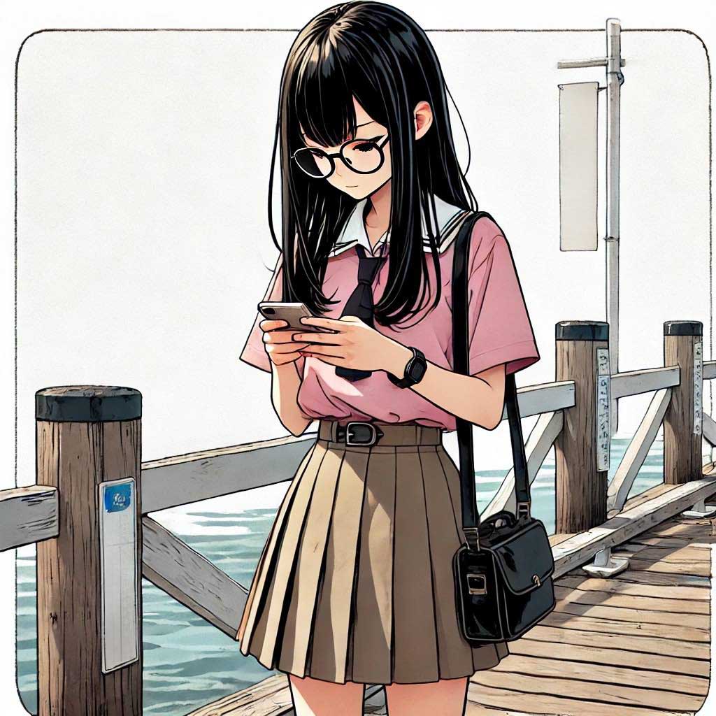 桟橋の上でメールを打つ女子