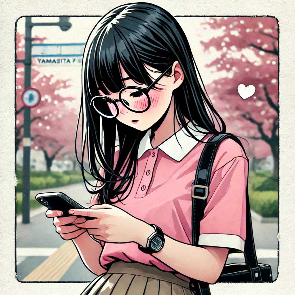 メールを読んで頬を赤らめている中学生女子