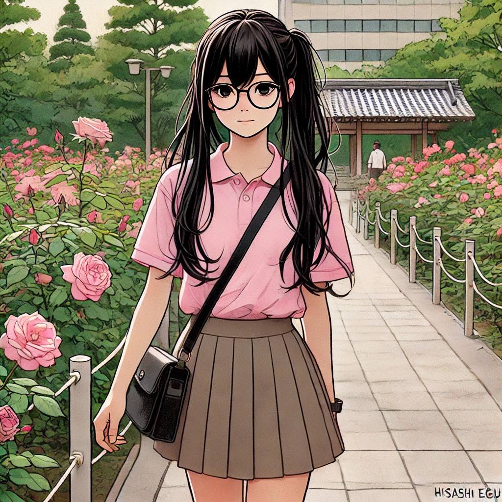バラ園を歩く中学生女子