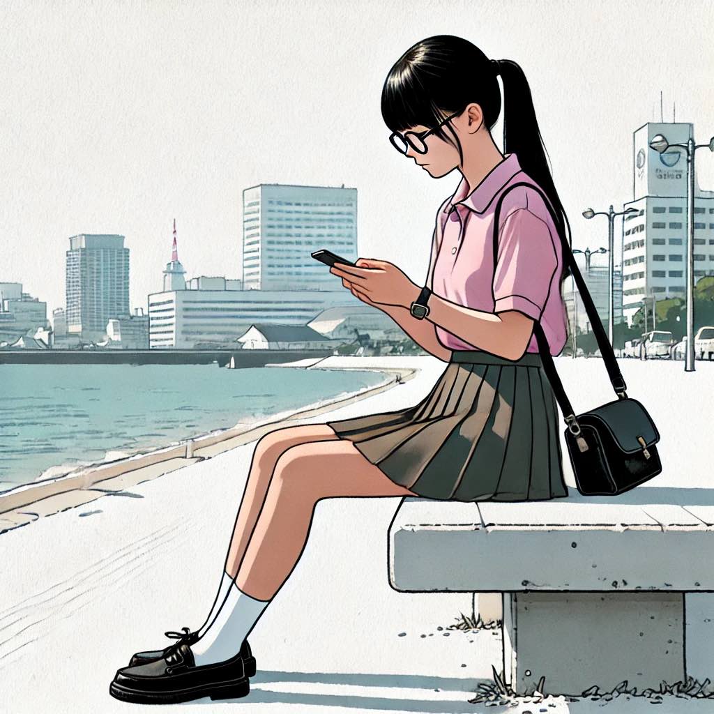 埠頭でメールを打っている中学生女子