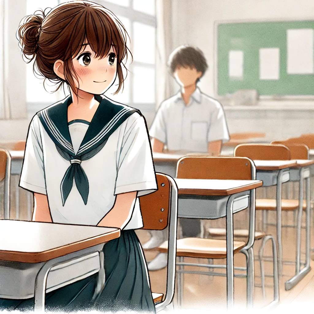 うまくいってほおを赤る主人公のイラスト