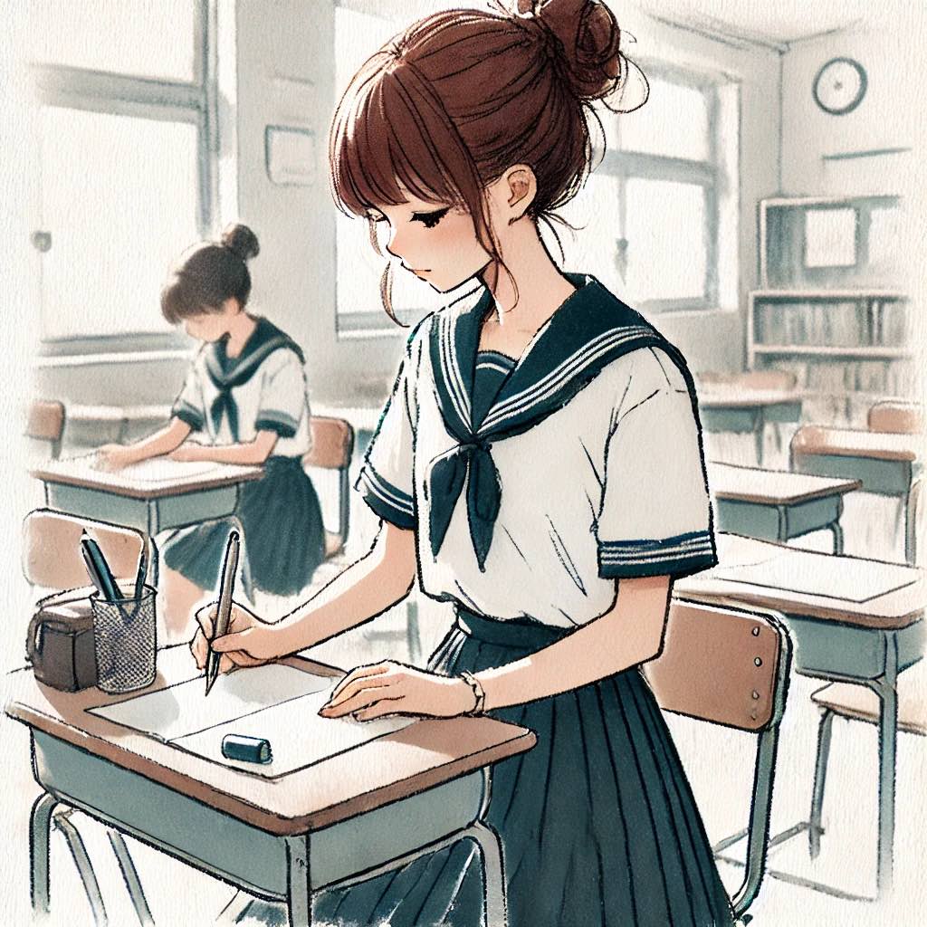 文房具を見つめている女の子のイラスト
