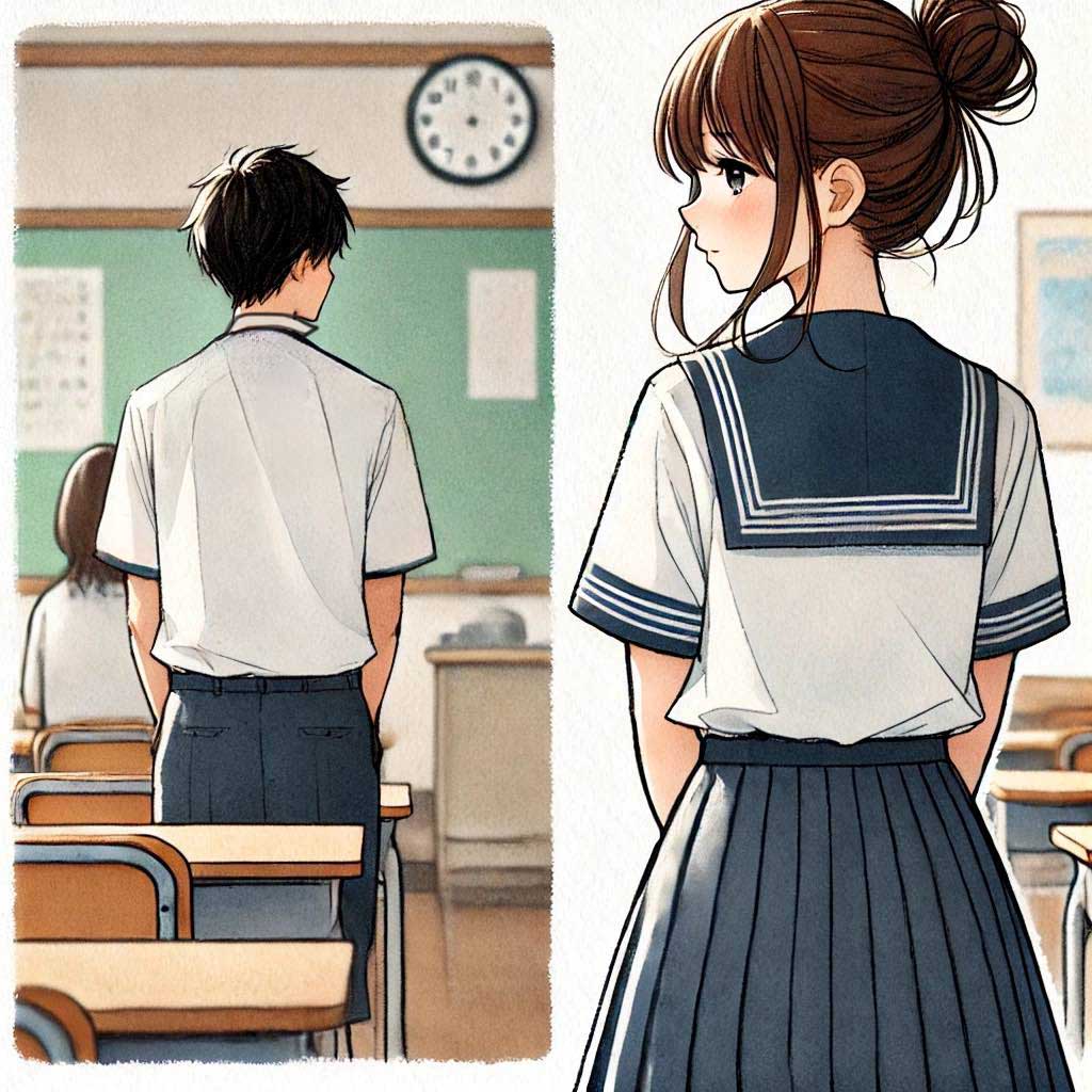 好きな男子を見つめている主人公