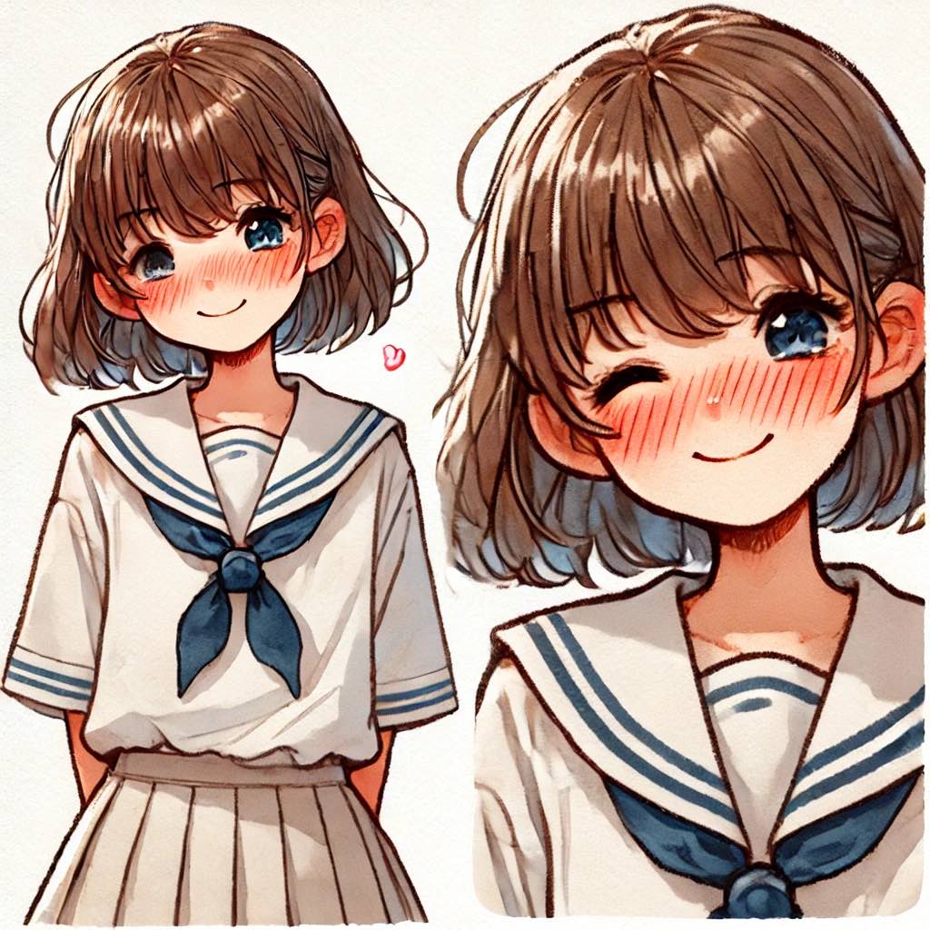 照れながら笑顔を作る女子中学生