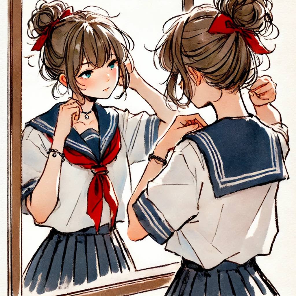 制服を着てチェックしている中学生女子