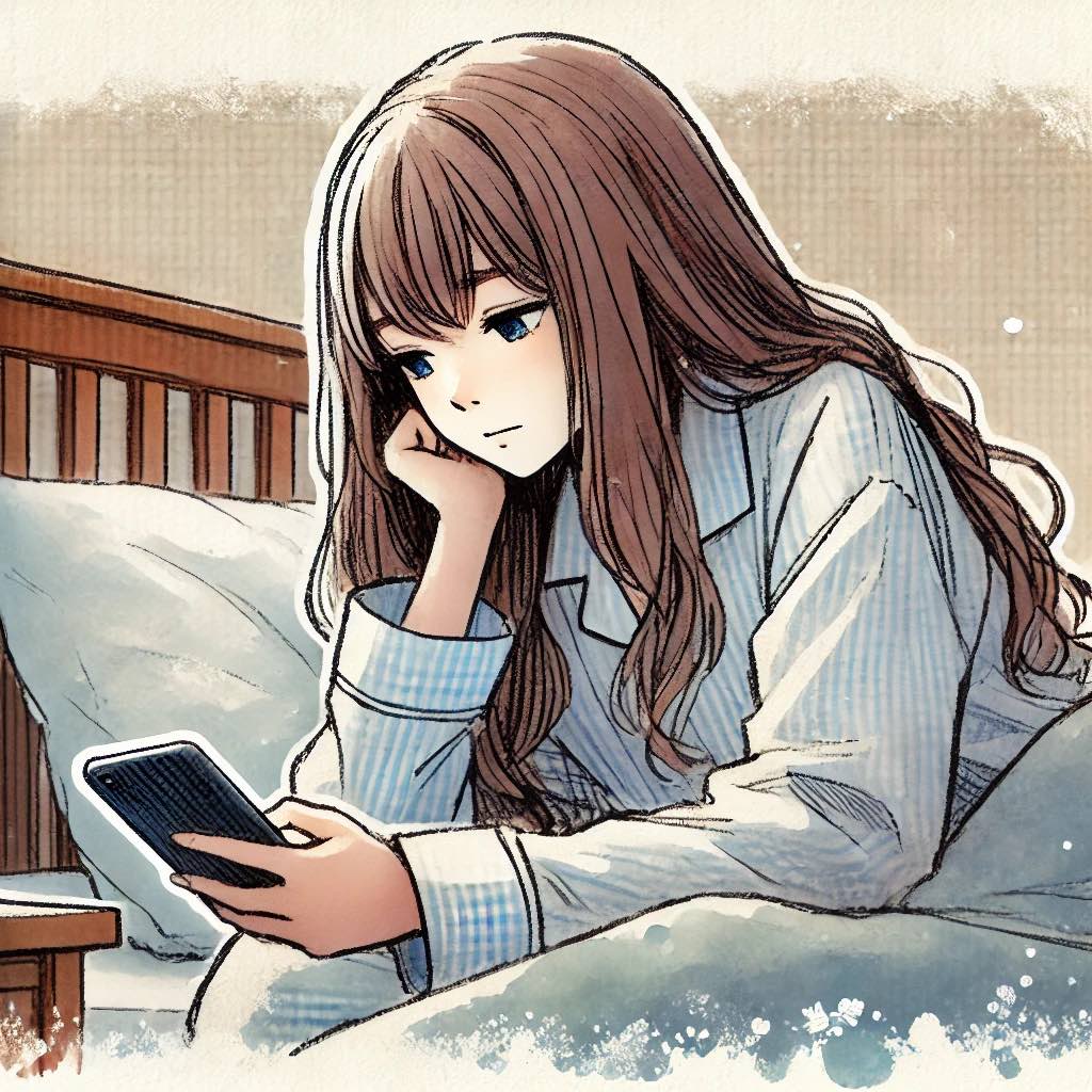 ベッドでスマホを見ている中学生女子
