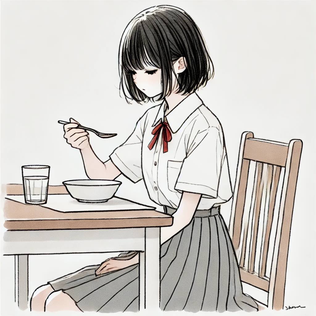 朝ごはんを食べている中学生女子