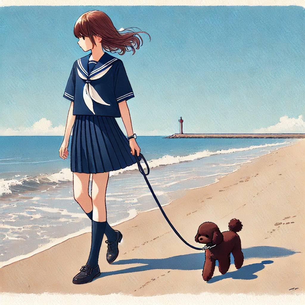 浜辺を犬と散歩