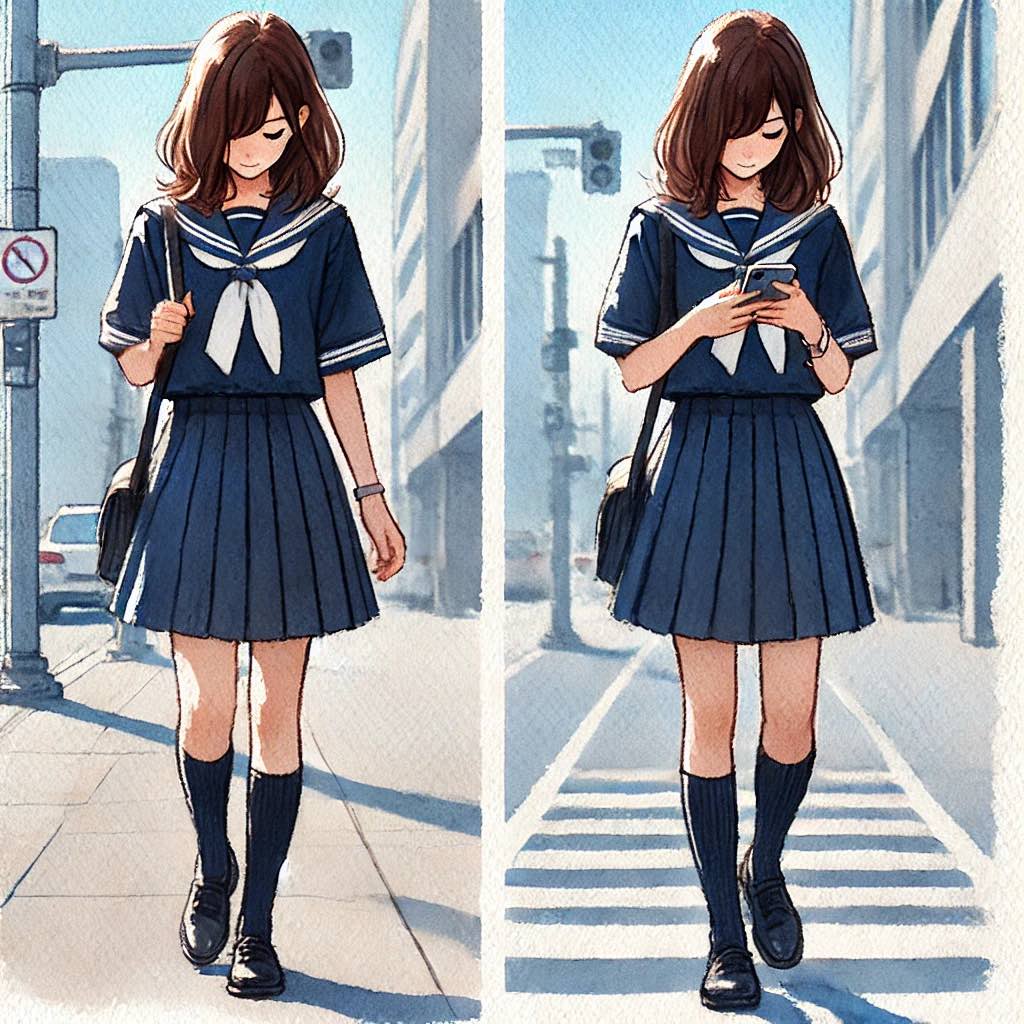帰り道メールチェックする女の子