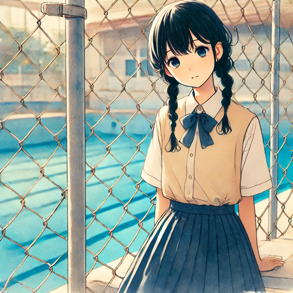 プールを見ている中学生