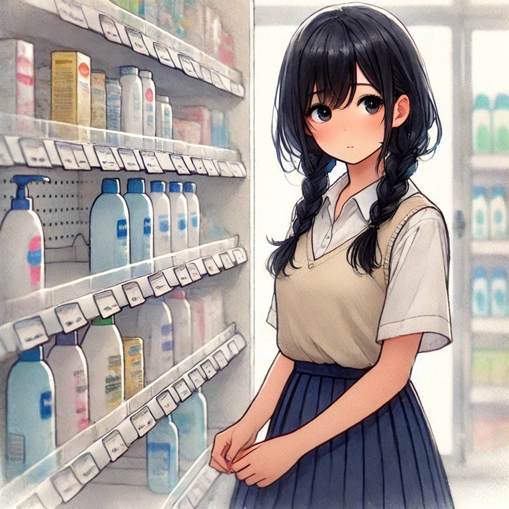 ドラッグストアで品定めしている女の子