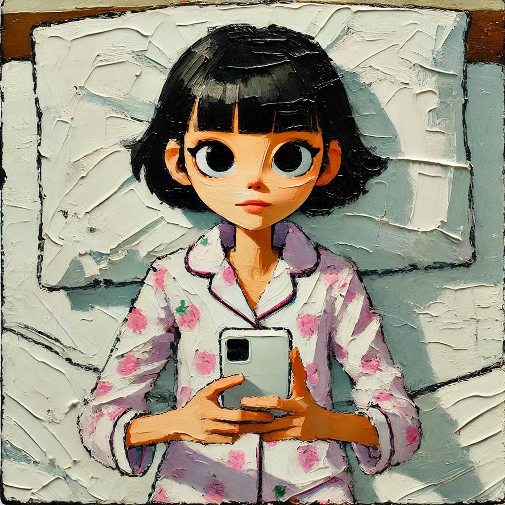 ベッドでスマホを見ている女生徒 