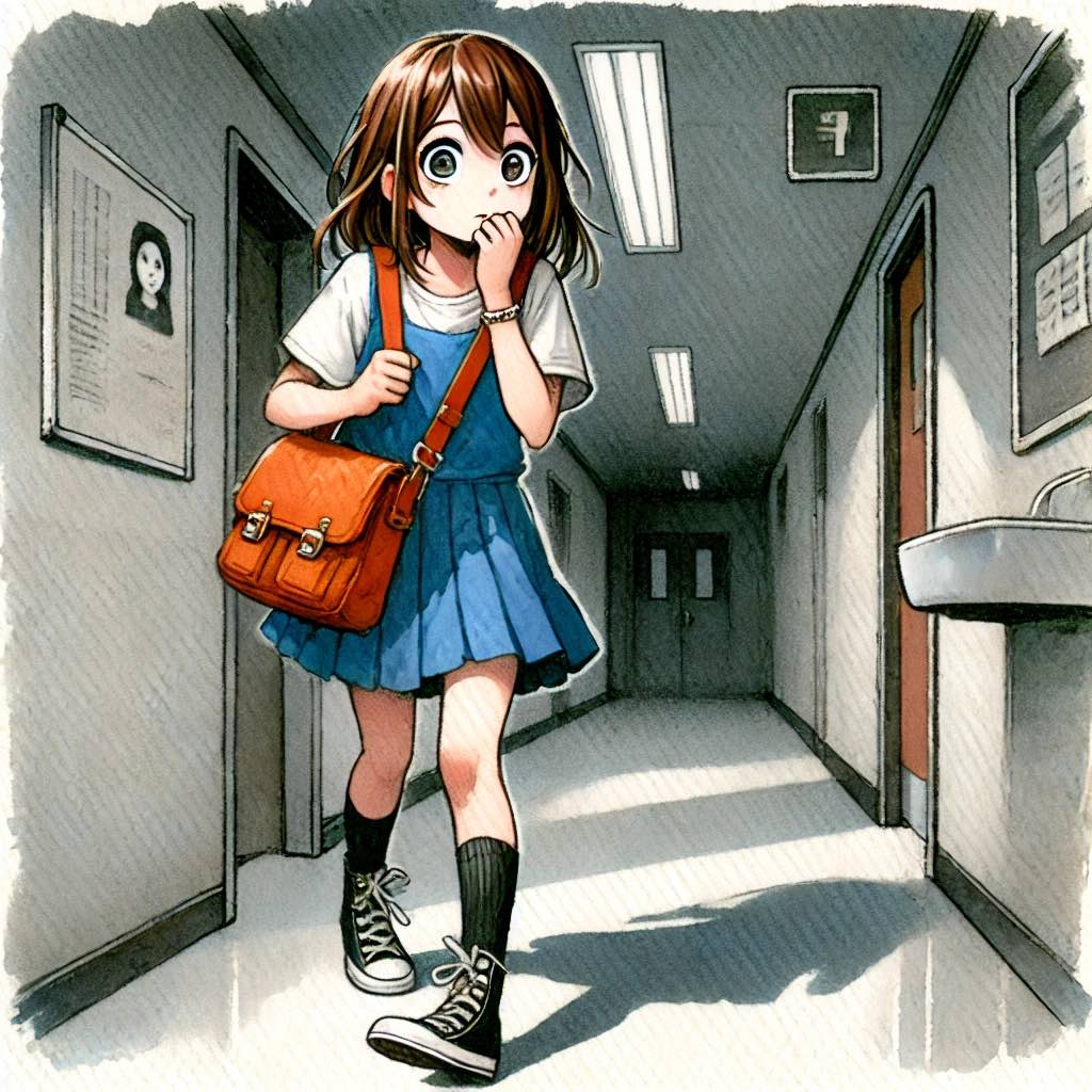 中学生女子　学校の夜の廊下