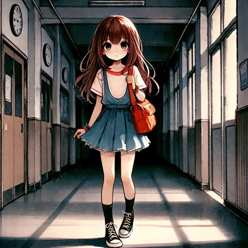 夜の廊下を歩く中学生女子