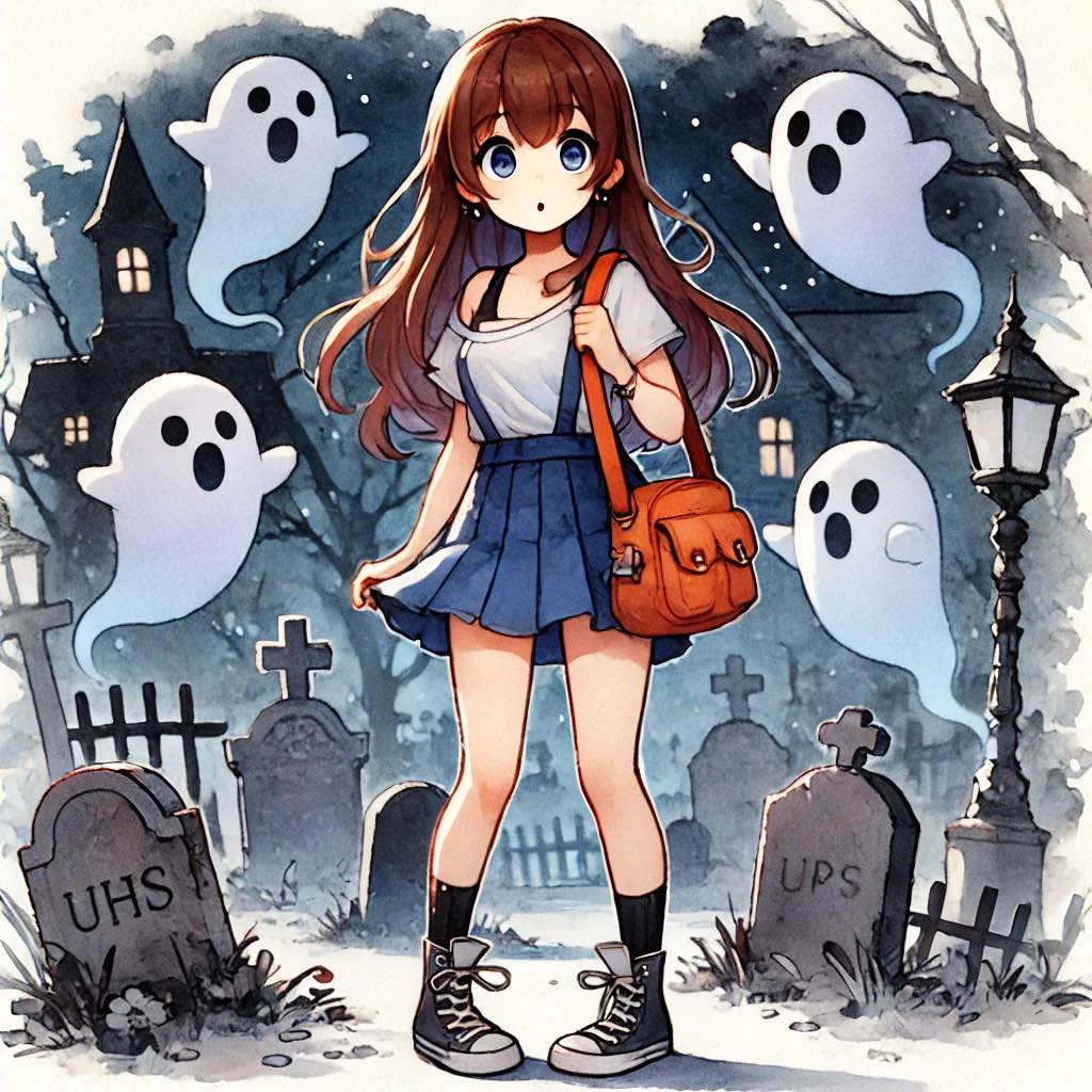 たくさんのお化けに囲まれている中学生女子