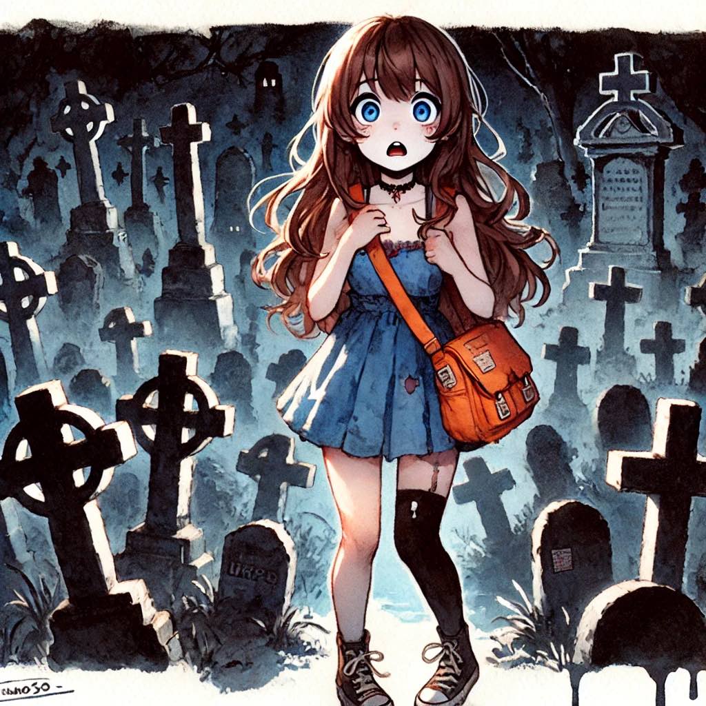 たくさんのお化けに囲まれている中学生女子