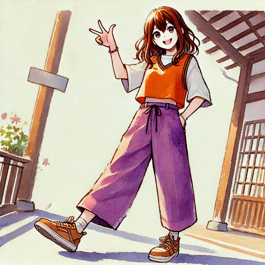 強がって入り口でピースをする中学生　女性