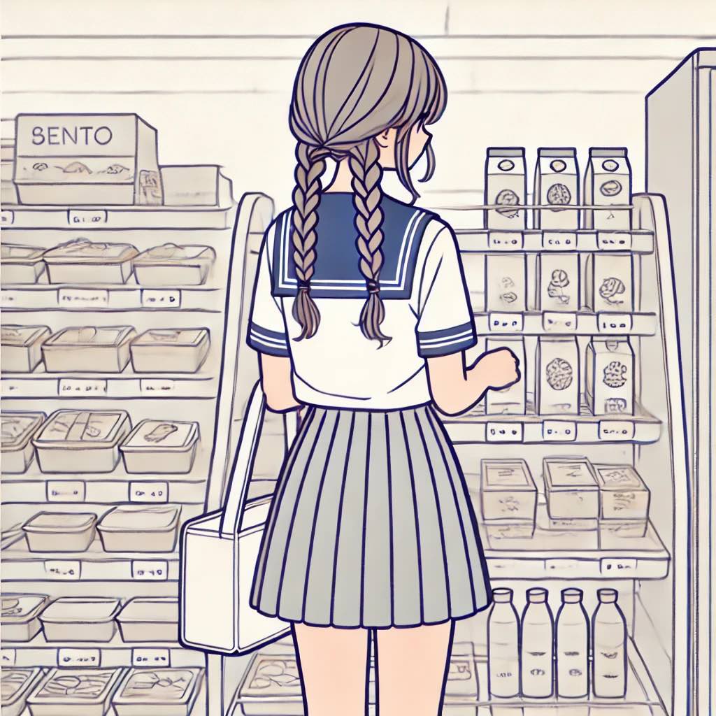 コンビニで朝食を選ぶ女子中学生
