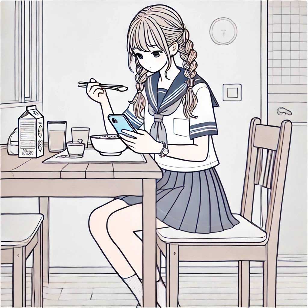 スマホを見ながら朝食を食べる中学生女子