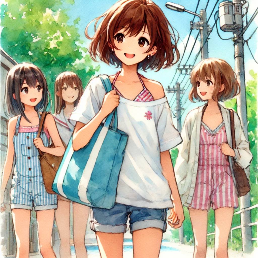 友達とプールに行く中学生女子