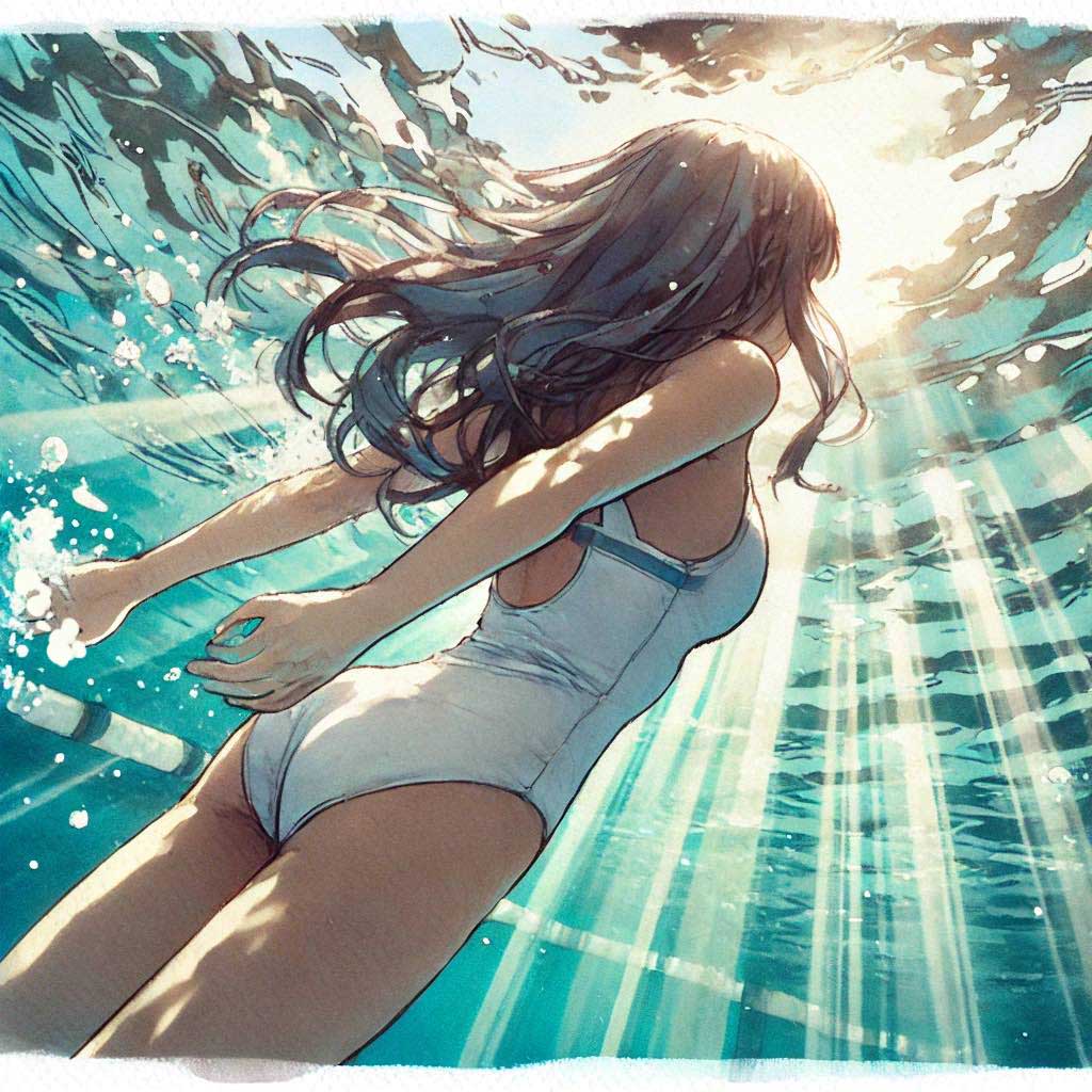 泳いでいる女性　水中から