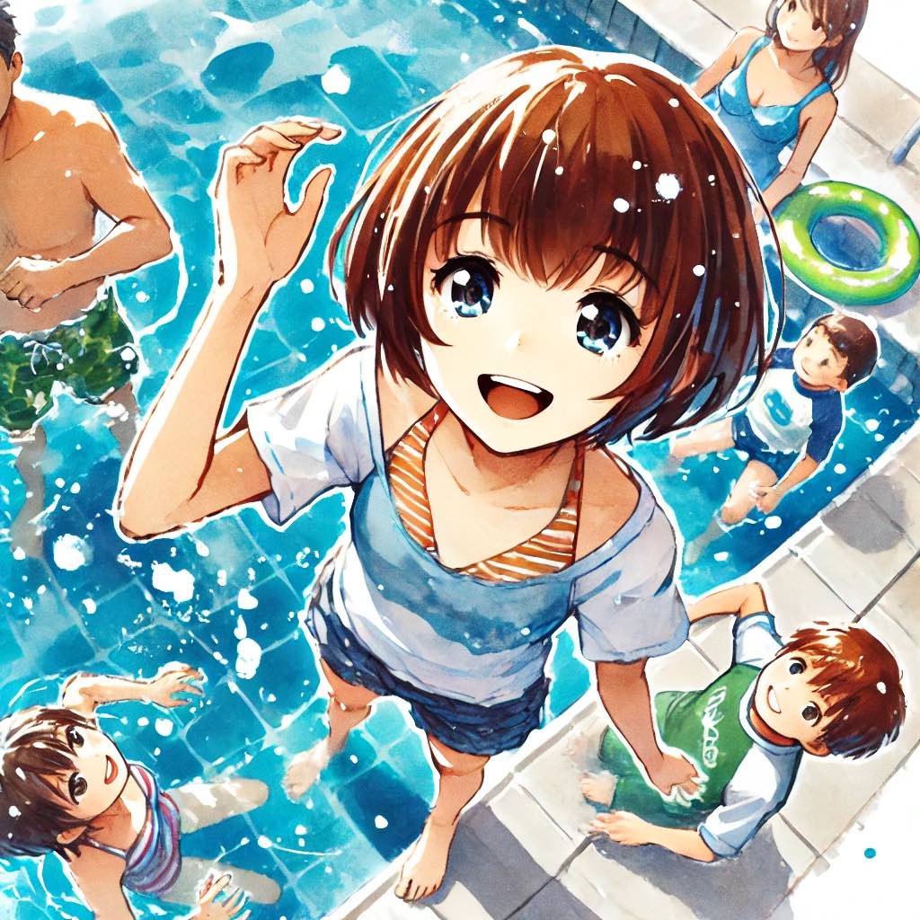 家族でプールにいく中学生女子