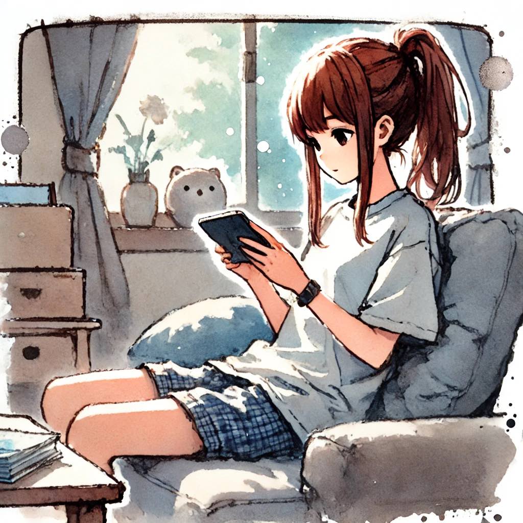 スマホをしている女子中がk洲英のイラスト
